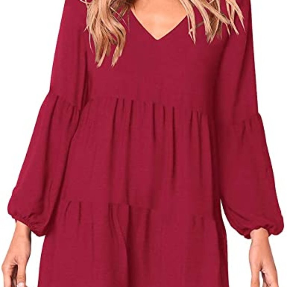 Women V Neck Long Sleeve Tunic Dress Casual Loose Puff Flowy Swing Shirt